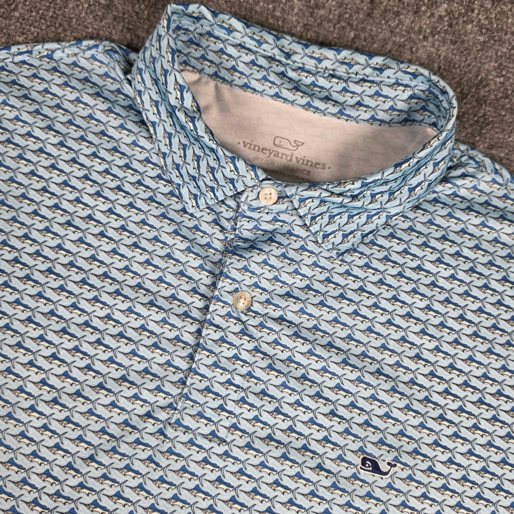 Vineyard Vines Polo Shirt Mens L Blue Marlin Print Performance 1G013186